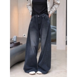 Louvre Autumn New Korean Edition Retro Washed Black Grey Wide Leg Jeans Black Loose Casual Pants women