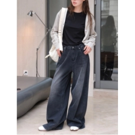 Louvre Autumn New Korean Edition Retro Washed Black Grey Wide Leg Jeans Black Loose Casual Pants women