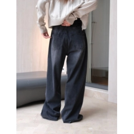 Louvre Autumn New Korean Edition Retro Washed Black Grey Wide Leg Jeans Black Loose Casual Pants women