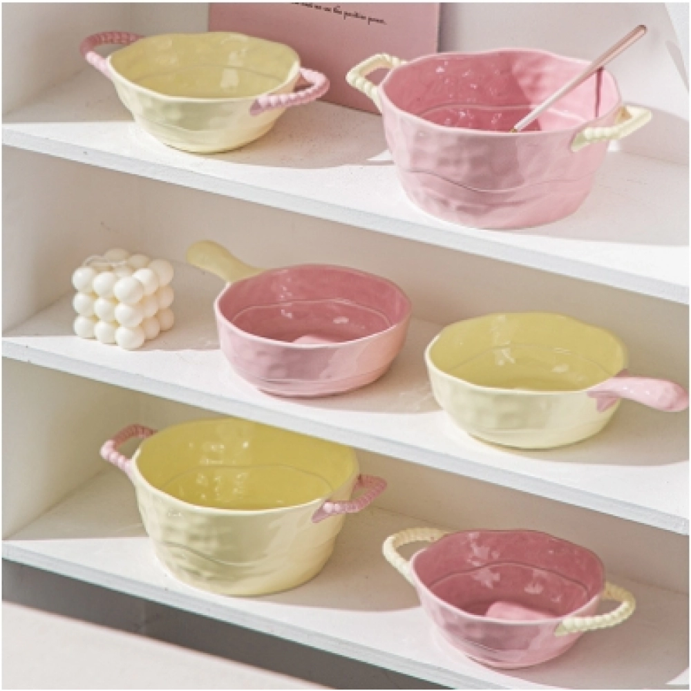 Double ear soup bowl ceramic household handle bowl baking and baking bowl salad fruit bowl ins soup bowl air Special for frying pans