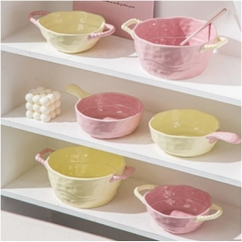 Double ear soup bowl ceramic household handle bowl baking and baking bowl salad fruit bowl ins soup bowl air Special for frying pans